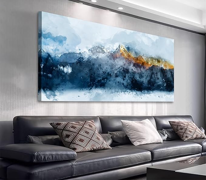 arteWOODS Mountain Canvas Wall Art Indigo Abstract Mountain Painting Prints Blue Clouds Orange Mountain Peaks Pictures Artwork for Living Room Bedroom Gallery Wall Decor Ready to Hang 24" X 48"