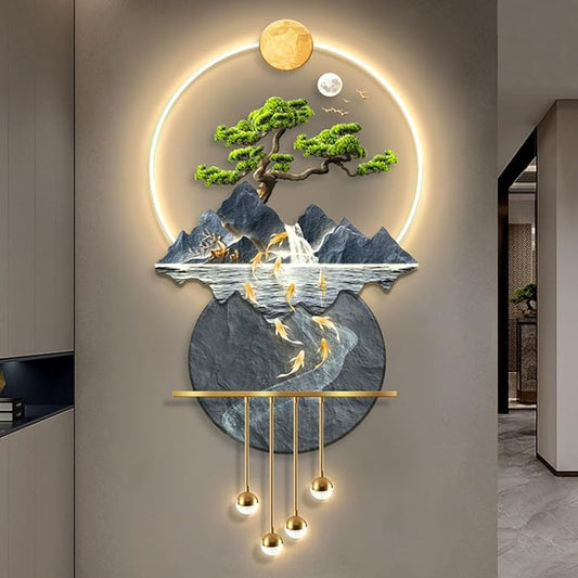 3D Art Wall Decor, Wall Sculptures Hanging Painting Koi Fish Welcoming Pine Wall Art Decoration Lamp,Oriental Decor Traditional Chinese Feng Shui Wall Hanging Painting,Wireless Remote Control