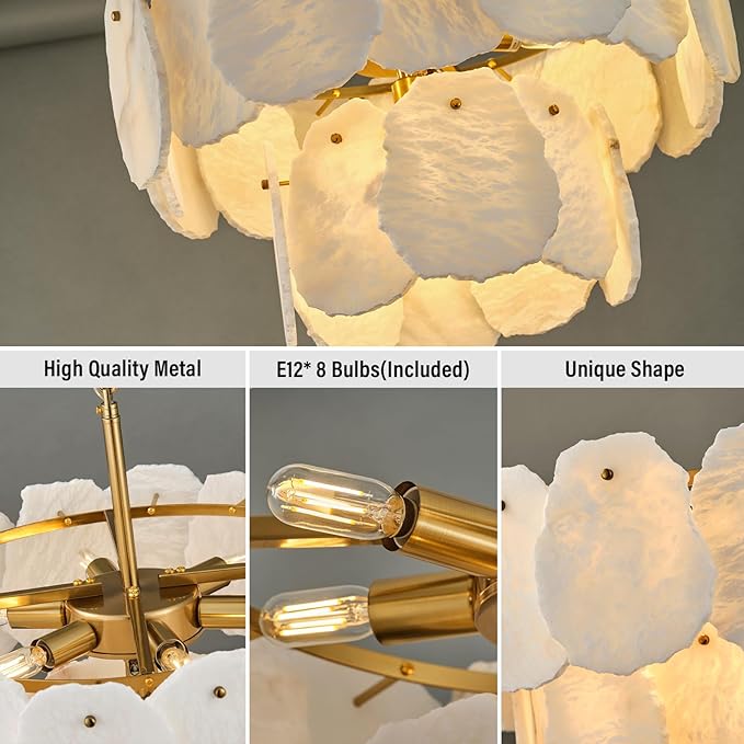 23" Alabaster Round Chandelier, 2-Tiers Natural Brass Alabaster Chandeliers, Luxury Modern White Marble Chandeliers for Living Room, Dining Room, Bedroom, Foyer, Entryway, Bathroom, Kitchen