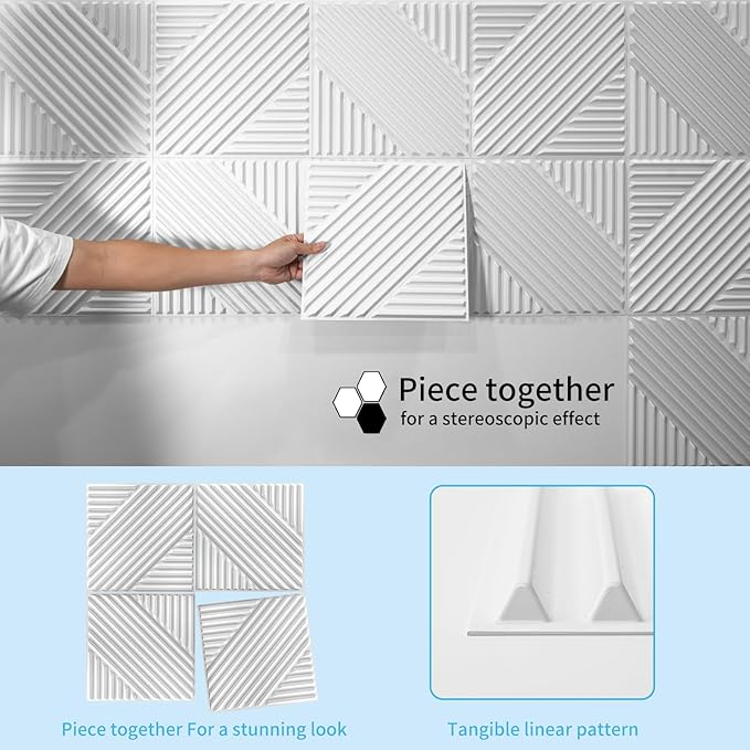 Art3d 33-Pack 3D Wall Panels for Interior Wall Decor, Textured Accent Walls Paneling for Living Room, Bedroom, TV Background, 12"x12" White