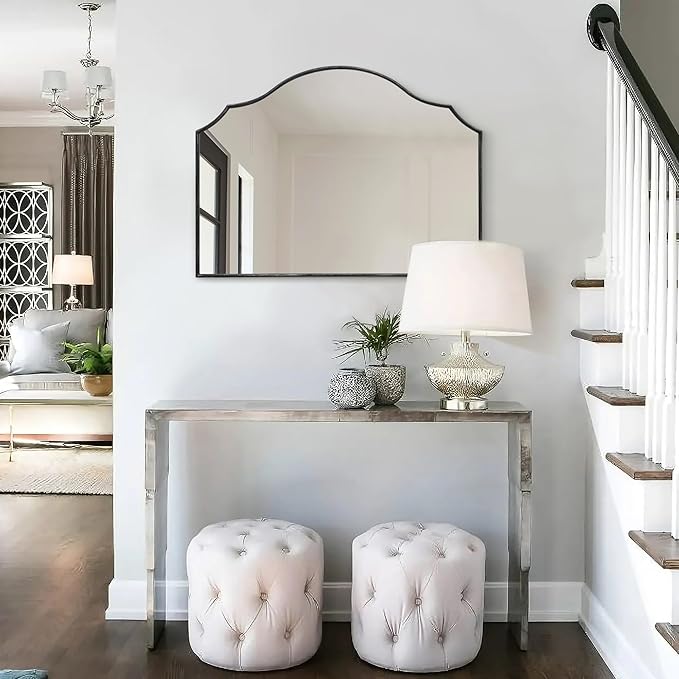 Black Scalloped Arched Mirror: 32"x24" Modern Wall Mirror - Minimalist Mantel Mirrors for Vanity/Bedroom/Entryway/Bathroom/Hallway - Home Decor for Small Apartment