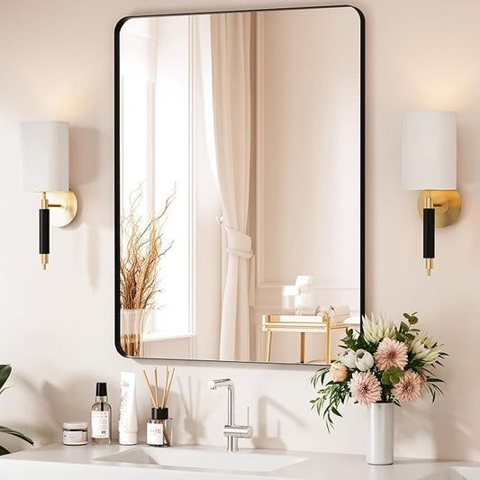 Black Bathroom Mirror 28X36 Inch Bathroom Vanity Mirror for Wall, Metal Frame Large Mirror, Tempered Glass, Modern Wall Mirror for Bathroom, Farmhouse, Horizontally or Vertically Hanging