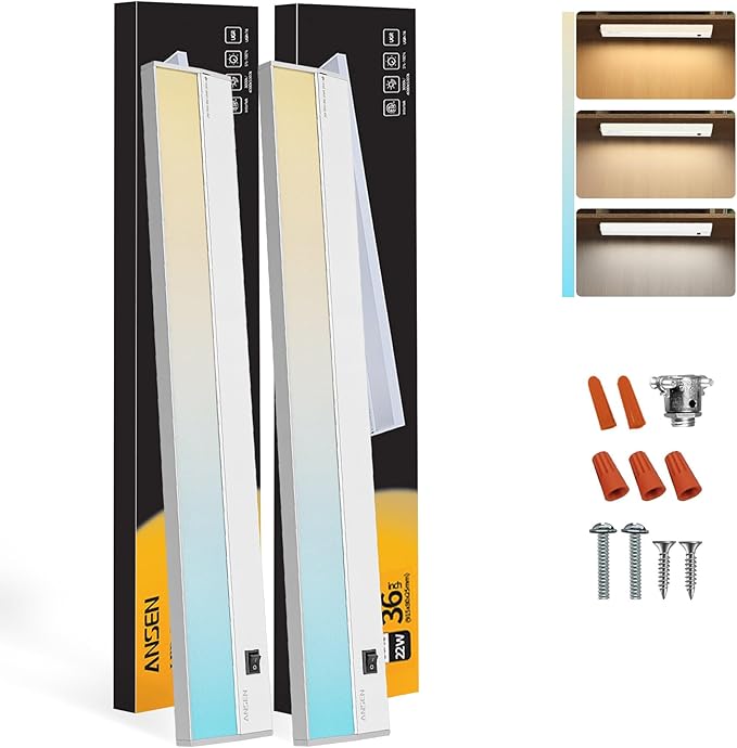 Ansen 2Packs of Under Cabinet Lighting Hardwired, 36in 22W 1426LM Dimmable Led Light for Kitchen/Closet, CRI 92+, R9 90+, 3 Color Temperature, 3000K/4000K/5000K(Warm White, Cool White, Daylight)