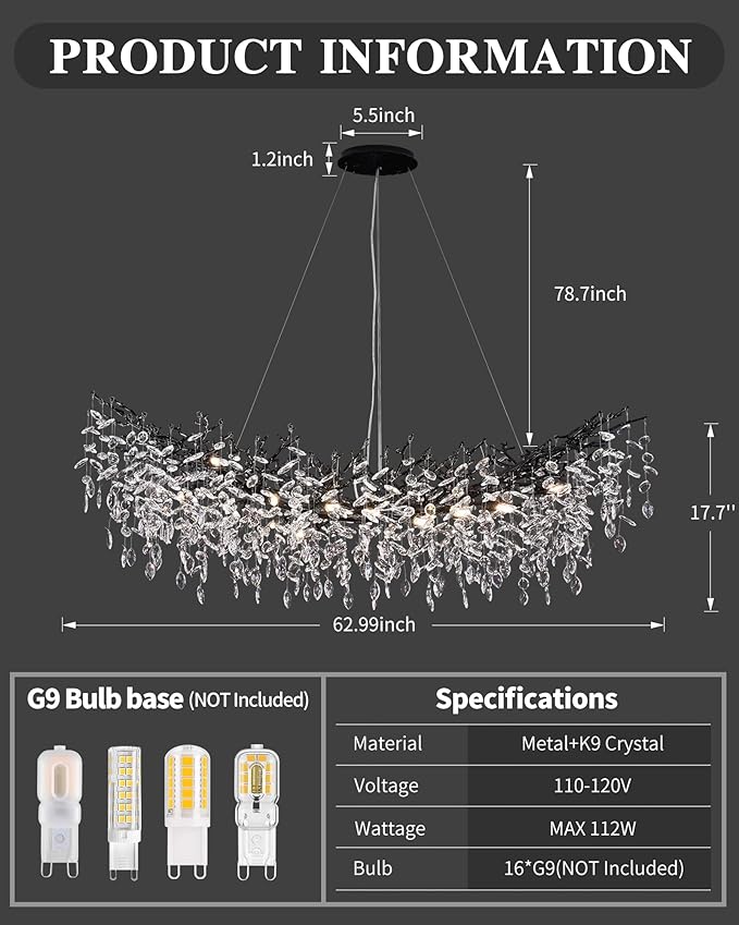 Black Chandelier, 16 Light Modern Chandelier for Dining Room Over Table, Industrial 63" Hanging Lighting with K9 Crystal Tree Branch Rectangular Chandeliers for Living Room Kitchen Island