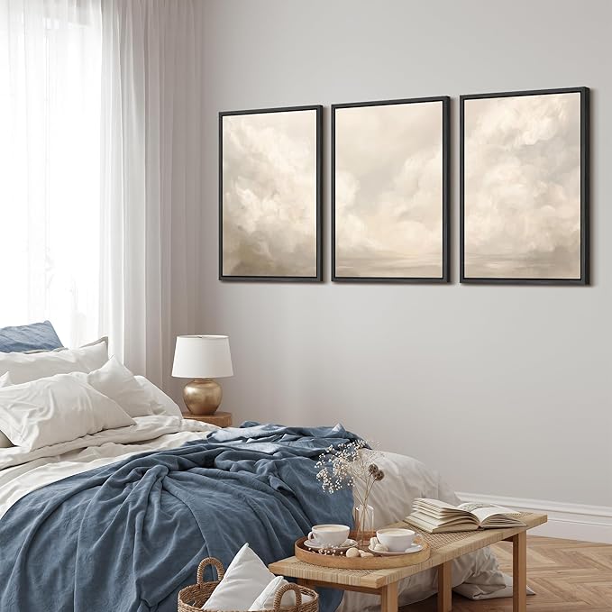 MUDECOR Framed Wall Art Print Set Neutral Cloudscape Soft Beige Abstract Sky Illustrations Modern Art Boho Decorative Colorful Chic for Living Room, Bedroom, Office - 24"x36"x3 Black