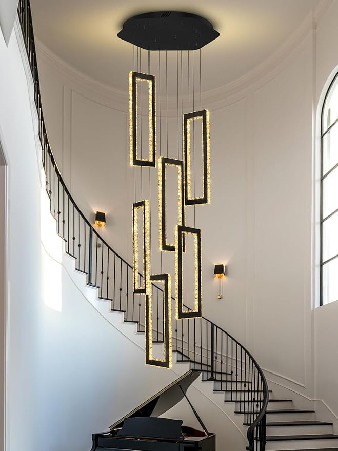 Modern Chandelier 6 Rings Black Chandeliers Lighting Fixture High Ceiling Chandelier Suitable for Living Room Staircase Villa