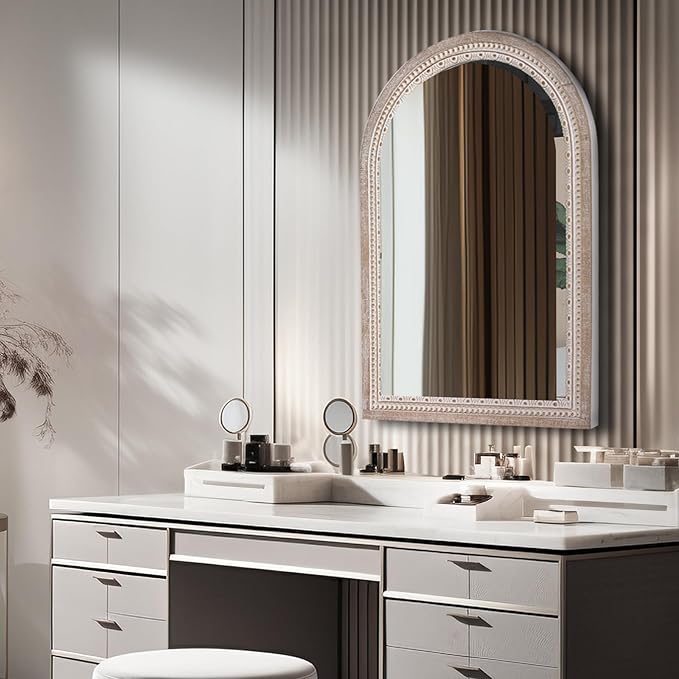 36x24'' Farmhouse Arched Decorative Wall Mirror, Farmhouse Wooden Mirrors with Beaded for Living Room, Hallway, Bathroom, Entryway - Vertical/Horizontal