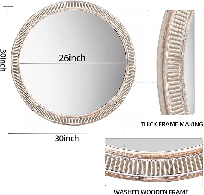 30 Inch Round Wood Mirrors for Wall Decor, Rustic Farmhouse Circle Decorative Mirror for Bathroom, Living Room, Foyer, Entryway, Bedroom