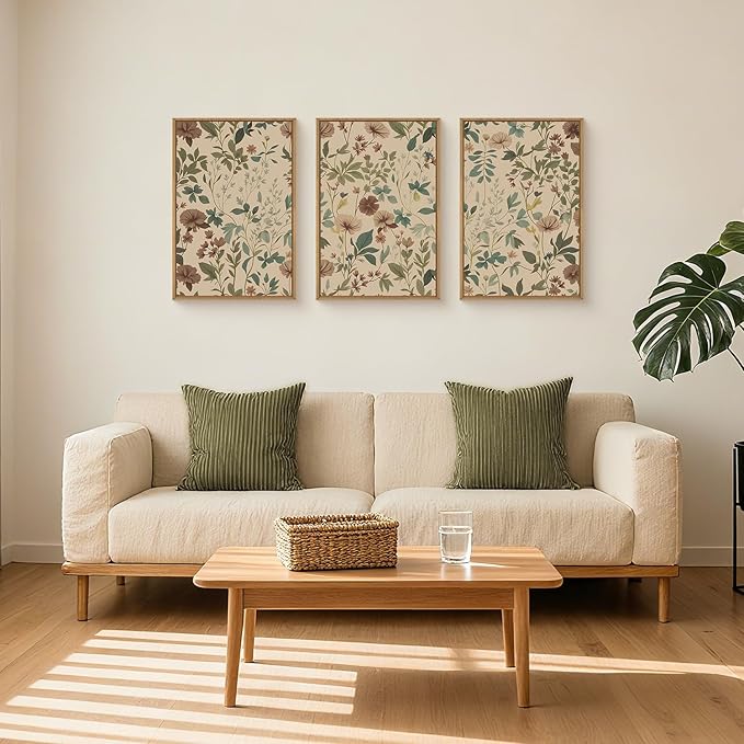 Large Abstract Vintage Floral Framed Canvas Wall Art Set,Boho Retro Neutral Wildflower Wall Decor,Mid Century Antique Flower Botanical Artwork for Living Room,Bedroom,Farmhouse- 16"x24"x3