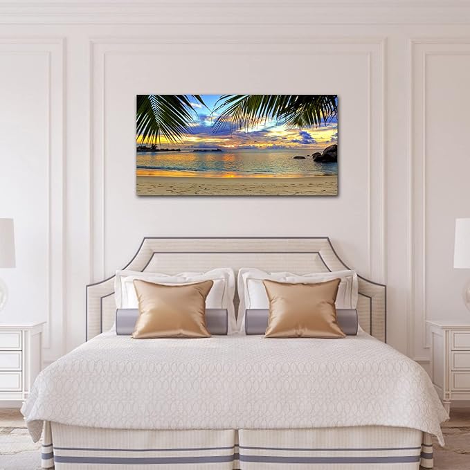 Canvas Wall Art Tropic Beach Sunset Palm Tree Leaves Large Nature Canvas Pictures Coast Landscape Canvas Artwork Seascape Ocean Contemporary Wall Art for Living Room Home Office Wall Decor 20" x 40"