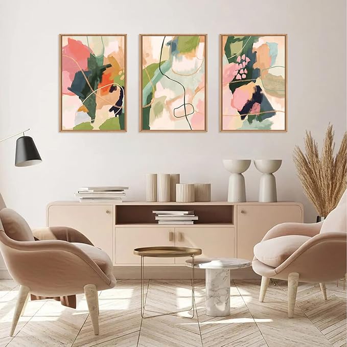 Colorful Abstract Framed Canvas Wall Art Set,Modern Multicolor Pastel Minimalist Line Wall Decor,Boho Green and Pink Painting for Living Room,Bedroom-16 x24 x3