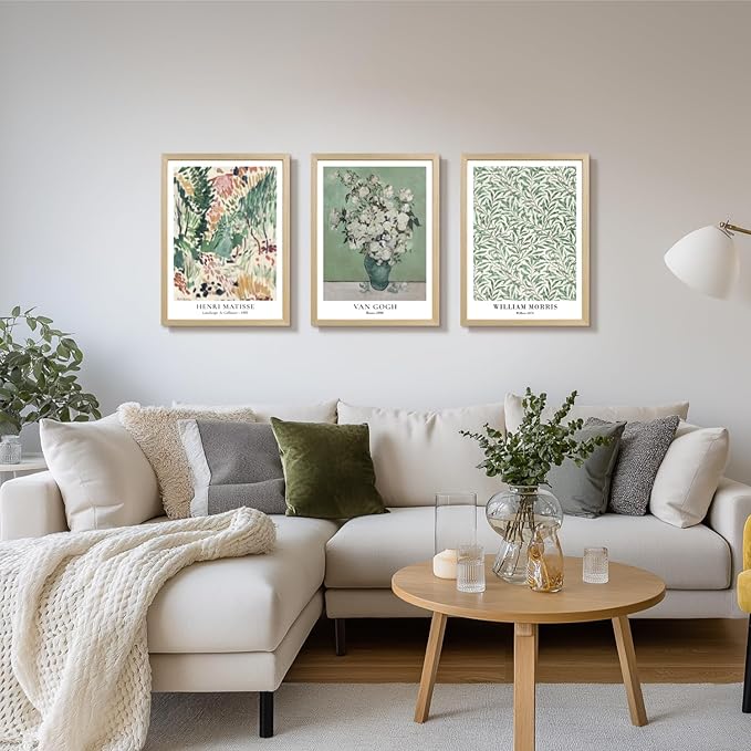LLEEMPI Matisse William Morris Wall Art Set of 3, Sage Green Botanical Wall Decor, Abstract Van Gogh Flowers Canvas Prints, Vintage Florals Poster Print for Bedroom Bathroom Wood Framed 16x24 Inch