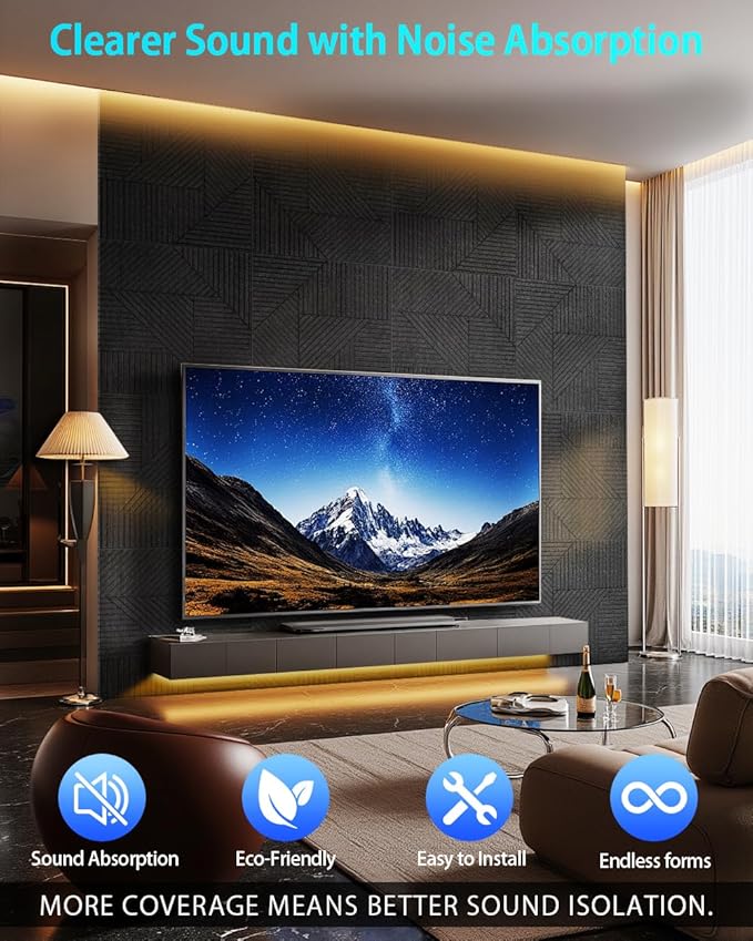 6 Pack Acoustic Wall Panels Self-Adhesive, 23.6" X 23.6" X 0.5" Decorative Acoustic Panels, Soundproof Wall Panels for Studio, Home & Living Room, Polyester - Grille Black