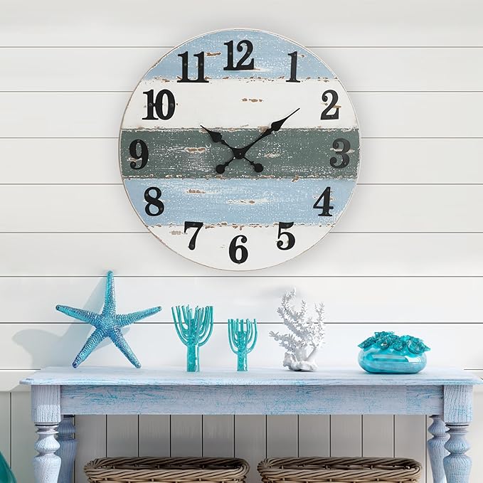 24" Large Beach Coastal Nautical Wall Clock, Wooden Wall Clocks Battery Operated,Vintage Farmhouse Decorative for Living Room, Kitchen, Home, Bedroom, Laundry Room, Blue