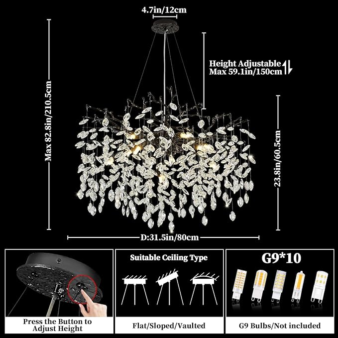 Modern Tree Branch Black Crystal Chandelier，Contemporary 10-Light Pendant Lighting with K9 Clear Crystal 31.5" Luxury Farmhouse Chandeliers for Church Living Room Kitchen Bedroom