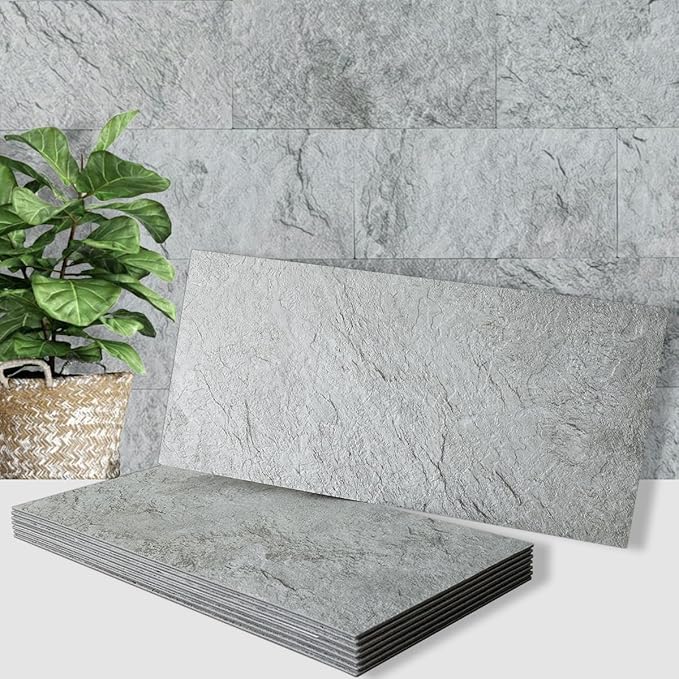 AULIGET 2-Piece Light Slate Peel and Stick Backsplash Wall Tiles, 6" x 12" PVC Faux Stone Stick on Tiles for Backsplash Kitchen, Bathroom, Laundry Room, Camper, Fireplace