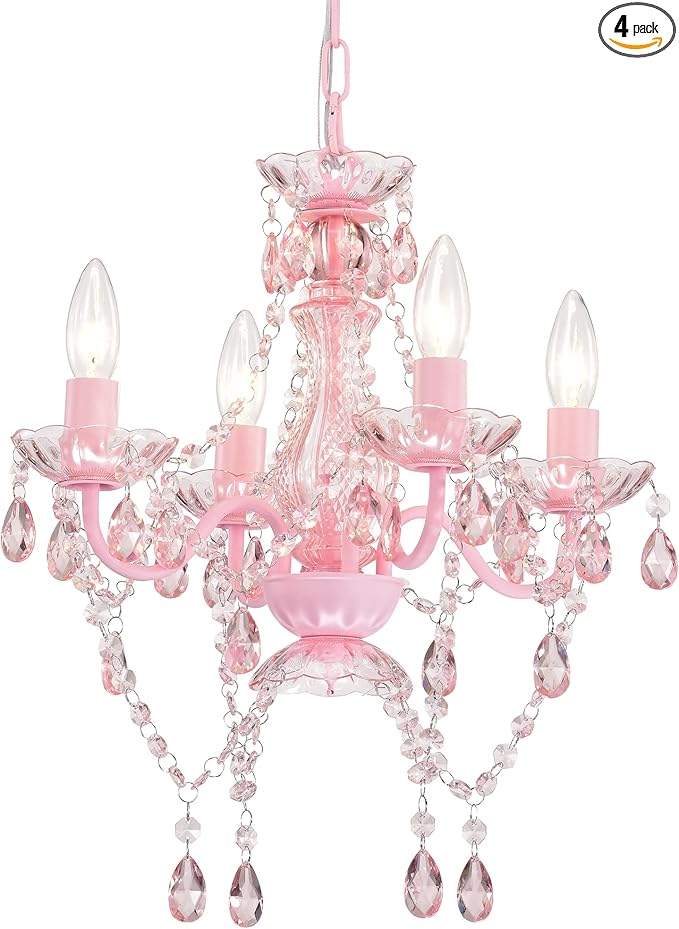 LaLuLa Mini Chandelier with Acrylic Crystals Pink Chandelier 4 Light Modern Chandeliers for Bedroom and Girls Room