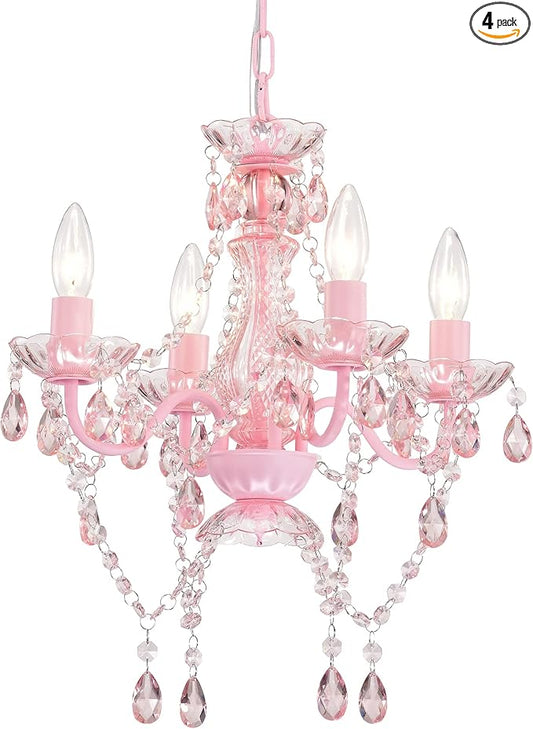 LaLuLa Mini Chandelier with Acrylic Crystals Pink Chandelier 4 Light Modern Chandeliers for Bedroom and Girls Room