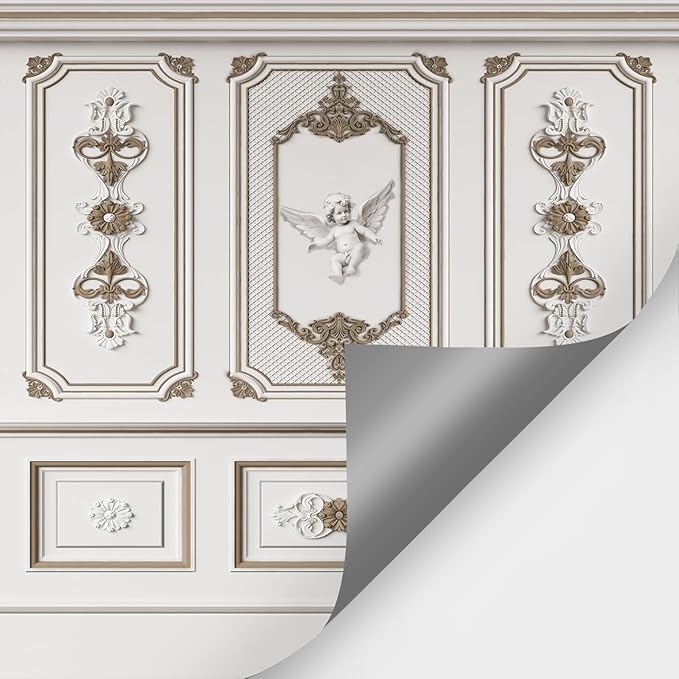 Large 3D Wallpaper Peel and Stick Vintage Rococo Style Architecture Mural 148" W x 110" H Brown White French Embossed Stereo Wall Mural 3D Stereo Wallpaper for Living Room Bedroom Sofa Background
