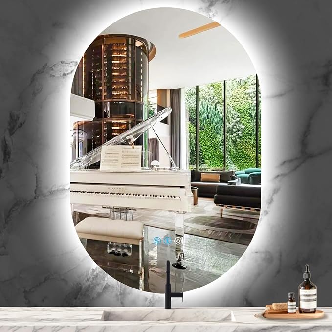 36 x 24 Inch Oval Backlit Mirror 3 Color Adjustable Brightness Antifog Horizontal Vertical Mount 36" Frameless Oval Lighted Vanity Mirror for Bathroom Wall LED Ovals Light up Smart Mirrors 3