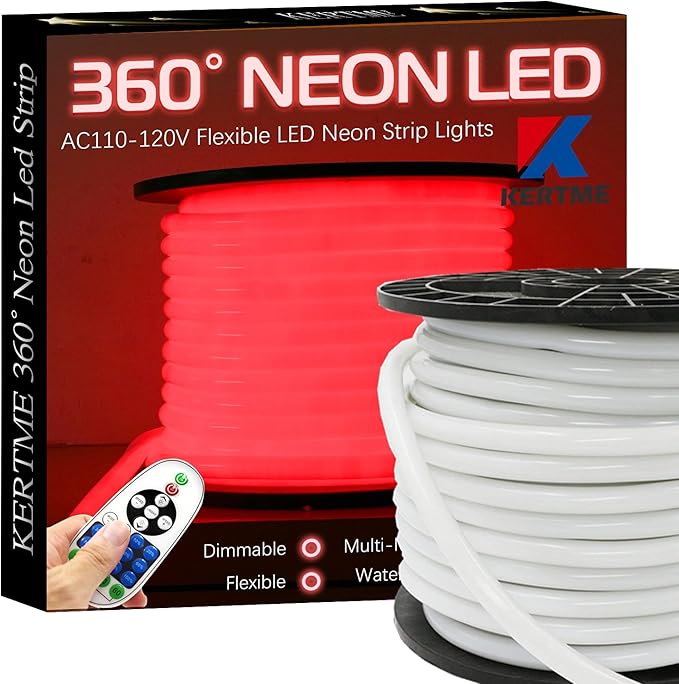 360° Neon Led Type AC 110-120V 360 Degree NEON LED Light Strip, Flexible/Waterproof/Dimmable/Multi-Modes LED Rope Light + Remote for Home/Garden/Building Decor (32.8ft/10m, Red)