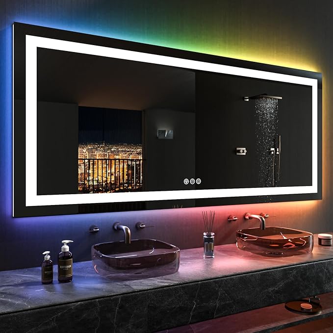 LOAAO 84"X40" LED Bathroom Mirror with Lights, Anti-Fog, Dimmable, RGB Backlit + Front Lighted, Bathroom Vanity Mirror for Wall, Memory Function, Waterproof, Tempered Glass