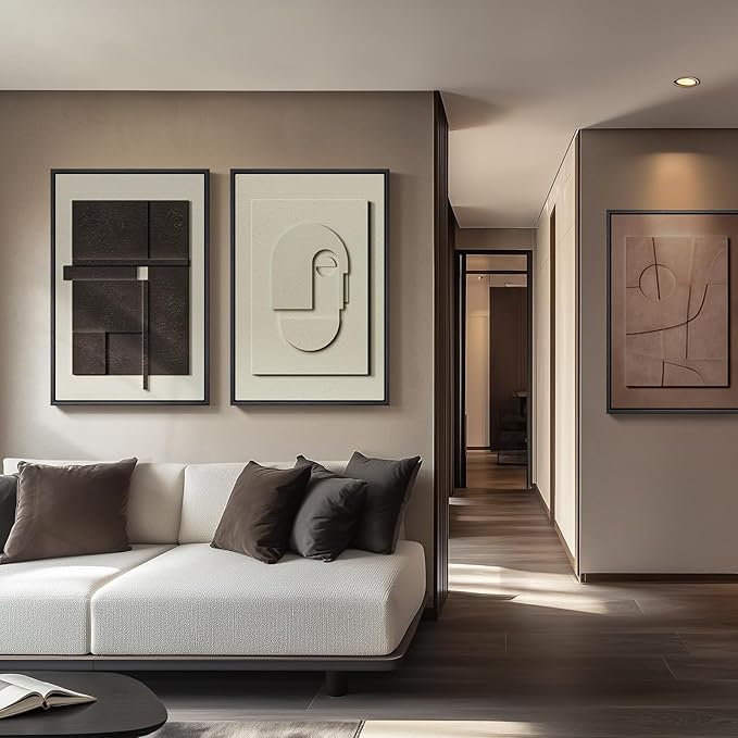 Large 3D Textured Framed Abstract Wall Art for Living Room, 3 Piece Modern Paintings Artwork for Walls, Black White Brown Geometric Sandstone Texture Pictures for Hallway Office Home Decor 24x36 In