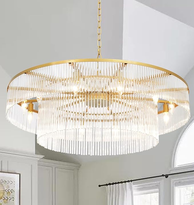 Modern Glass Chandelier Gold Chandeliers for High Ceiling Foyer Entryway Hanging Large Light Fixture for Grand Living Room Hall 39"