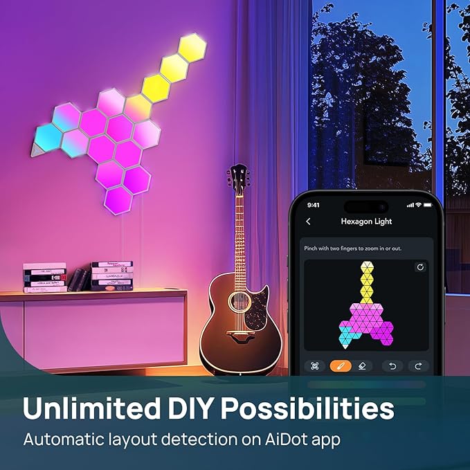 Linkind Smart Hexagon Lights, RGB LED Wall Light Panels with Music Sync, Gaming Light Compatible with Alexa and Google Home, DIY Wall Decor for Gaming Room, Home Theater, Bedroom, 7 Pack