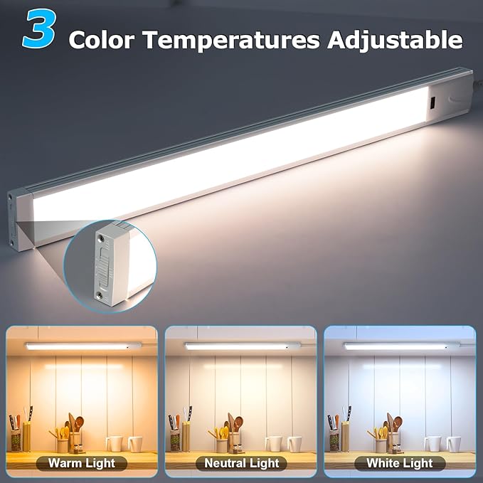 16 Inch Under Cabinet Lights with Hand Wave, Ultra Bright 3000K/4000K/6000K Under Counter Lights, Plug and Play, Dimmable LED Under Cabinet Lighting for Kitchen Cabinet, Cupboard, Closet, Desk(1 Pack)