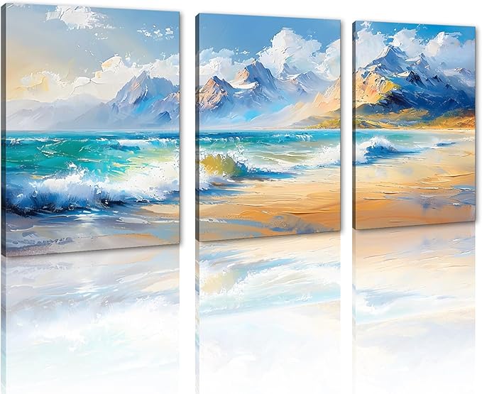 MAMAGO 3 Panels Blue Ocean Canvas Wall Decor Oil Painting Style Ocean Waves Print Picture Abstract Seascape Artwork for Living Room Bedroom Bathroom Modern Wall Art Framed Easy to Hang-12”x16”x3pcs