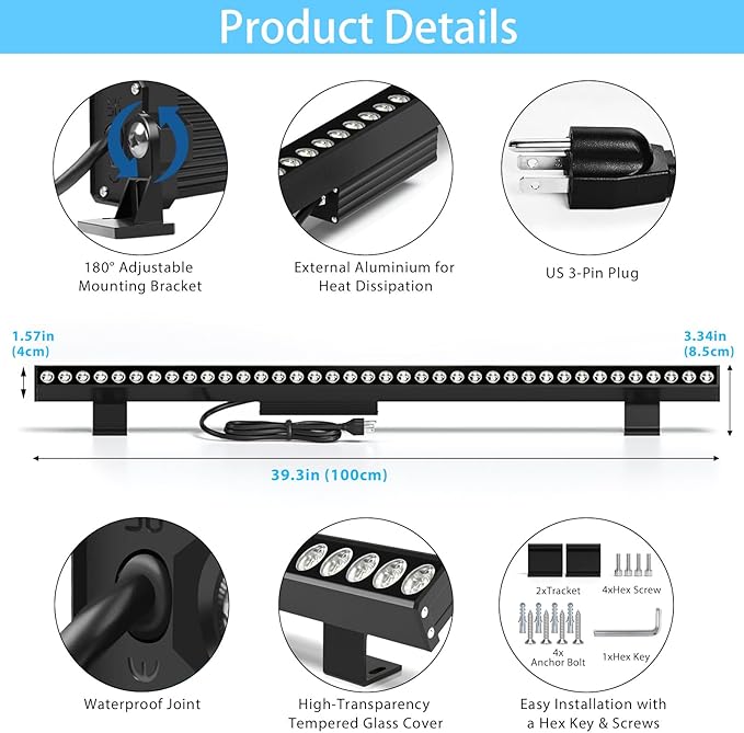 2-Pack 72W LED Wall Wash Lights 5000K Daylight White, 120V IP67 Waterproof Wall Wash Light Outdoor Lighting Bar for Building, Landscape, Commercial – 3.2FT, Black