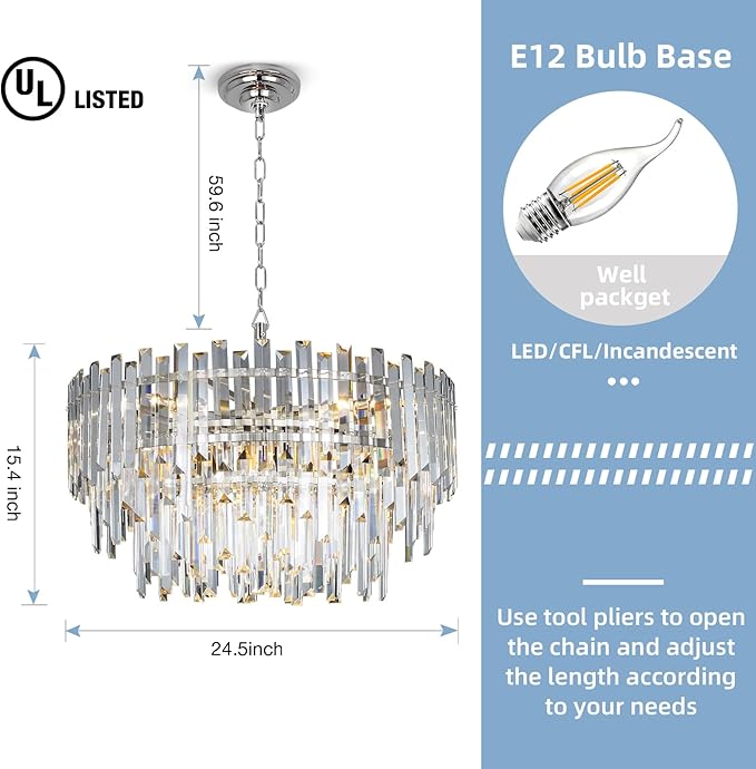 24" Modern Crystal Chandelier, 3-Tier Chrome Pendant Light with 8 Lights, Luxury K9 Crystal Ceiling Fixture for Dining Room Living Room Foyer