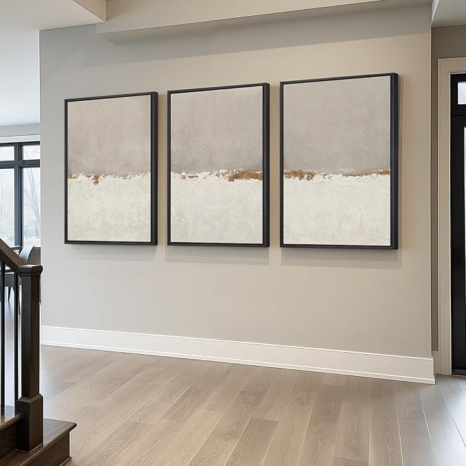 Large Framed Beige Neutral Abstract Wall Art for Living Room, 3 Piece Modern Canvas Prints Paintings Artwork for Walls, Minimalist Abstract Horizon Pictures for Hallway, Office Wall Decor 24x36 In