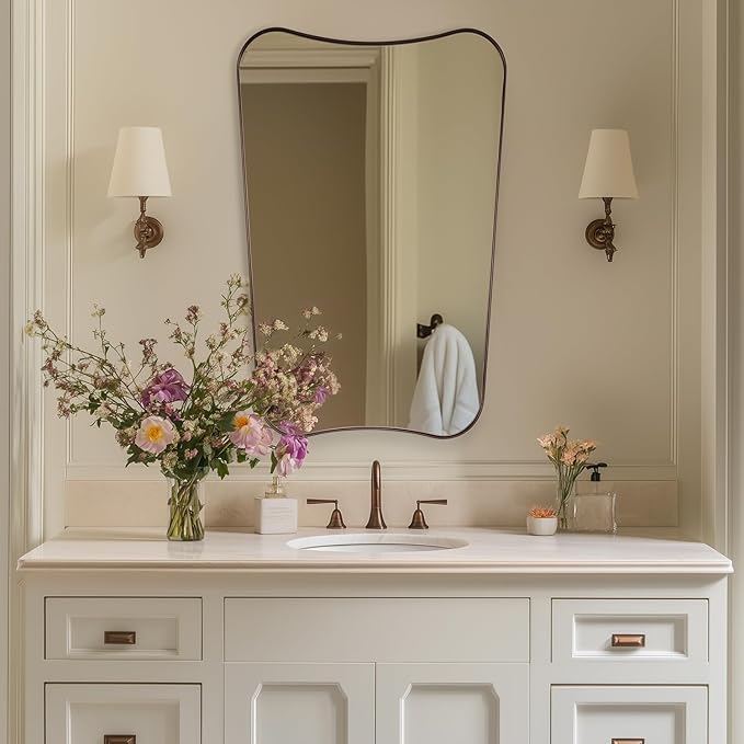 ANDY STAR Brushed Bronze Asymmetrical Mirror, 24"x32" Bathroom Mirror for Wall with Premium Stainless Steel Thin Frame, Italian Curved Mirror Decorative for Bathroom, Powder Room, Entryway