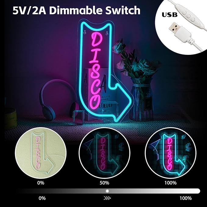 Looklight Disco Neon Signs for Wall Decor Pink Blue LED Word Light Sign Right-Pointing Arrow Neon Light USB Light Up Letters Sign for Disco Lover Music Bar Music Studio Rec Room Bedroom Party Decor