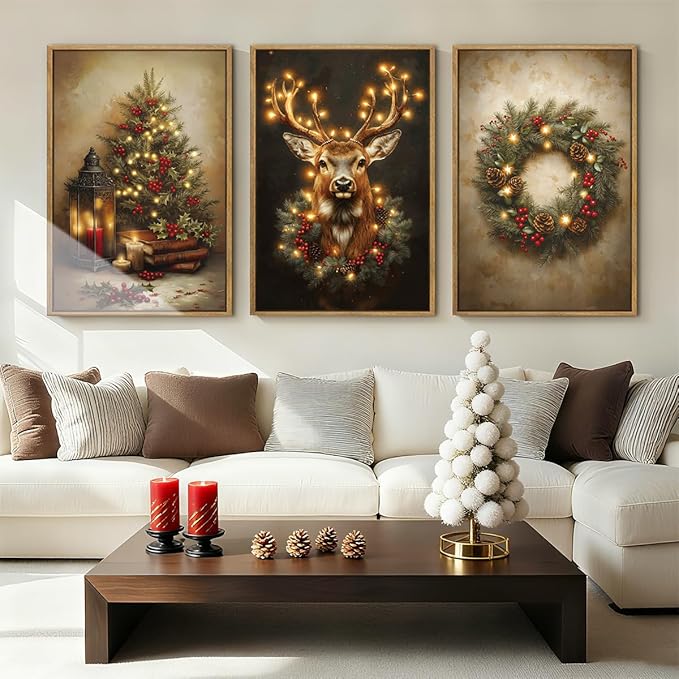 Anyzal Large Christmas Wall Art Winter Christmas Tree Prints Santa Elk Wall Decor for Living Room Bedroom Dining Room 24x36 Inch
