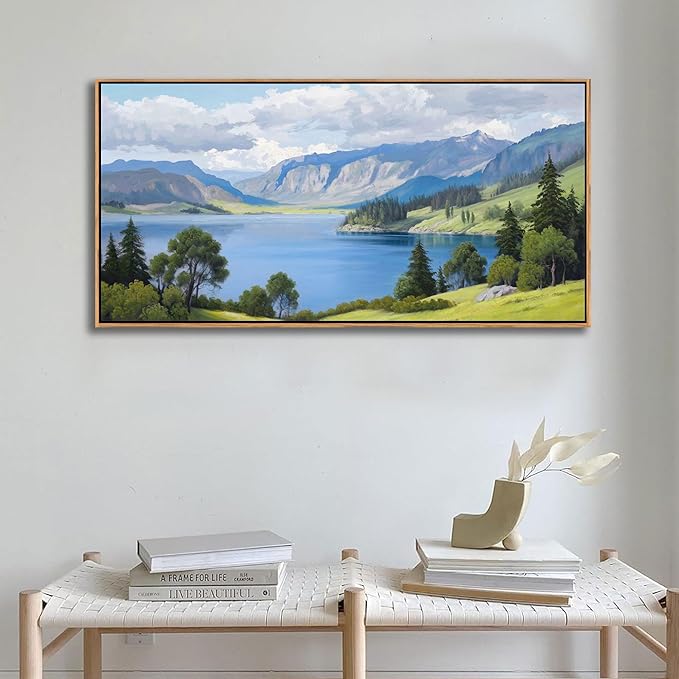 Landscape Wall Art for Living Room - with Mountain and Lake Scenery Pictures Wall Decor Large Canvas Wall Art, Forest and Nature Wall Decor for Bedroom, Green Artwork Prints for Above Bed 24×48IN