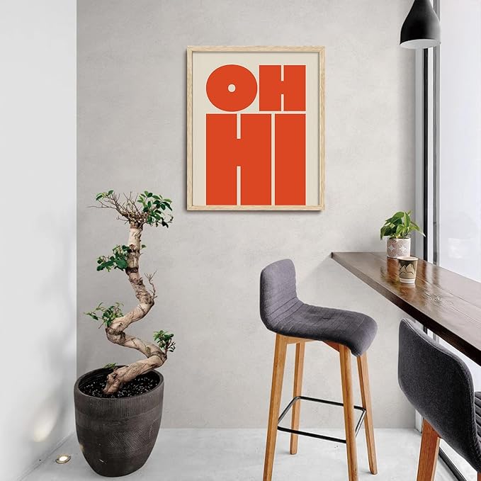 KISSFOX Retro OH HI OAK Wood Framed Wall Art Farmhouse Typography Canvas Art Prints Modern Mid Century Quote Pictures Wall Decor Rustic Southwestern Artwork For Gallery Bistro Entryway Living Room