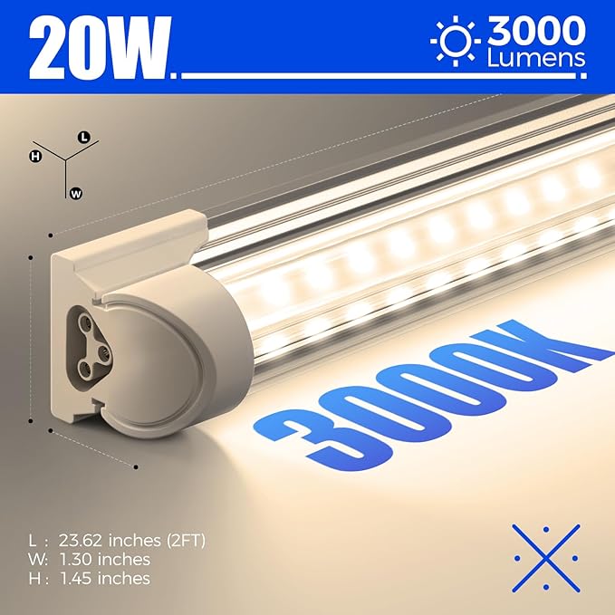 Barrina LED Shop Light 2FT, 20W 3000LM 3000K, Clear Cover Linkable LED Tube Lights, V Shape Integrated T8 LED Lighting, LED Ceiling Lights for Garage, Warehouse, Workshop, ETL Listed, 2 Packs