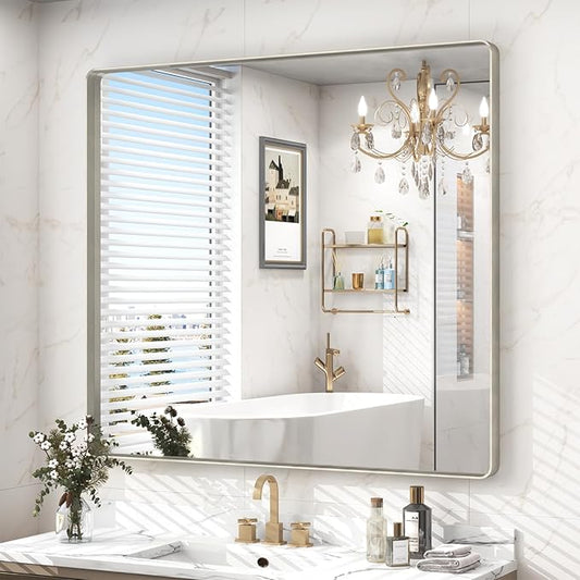 40x36 Inch Brushed Nickel Bathroom Mirror, Brushed Silver Metal Framed Wall Mirror, Rounded Corner Rectangle Modern Vanity Mirror, Tempered Glass, Anti-Rust, Shatterproof (Horizontal/Vertical)