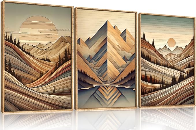 Large Vintage Woodcut Style Mountain Framed Canvas Wall Art,Mid Century Woodland Wall Decor,Boho Sunrise Forest Artwork,Modern Neutral Nature Art Print for Living Room,Bedroom,Office- 24"x36"x3