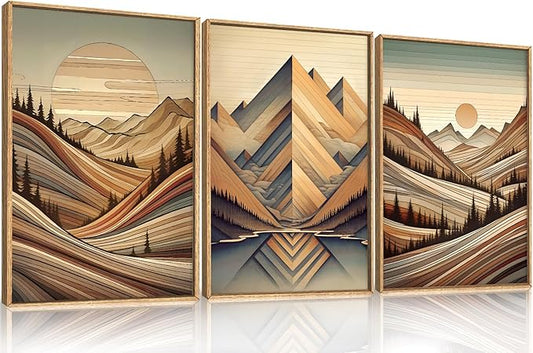 Large Vintage Woodcut Style Mountain Framed Canvas Wall Art,Mid Century Woodland Wall Decor,Boho Sunrise Forest Artwork,Modern Neutral Nature Art Print for Living Room,Bedroom,Office- 24"x36"x3
