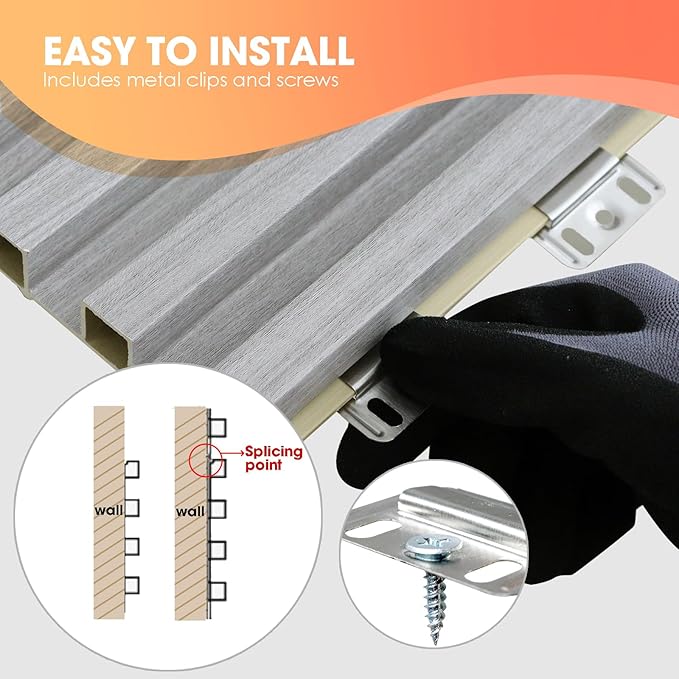 OUZUGIE WPC Acoustic Slat Wall Paneling, 8-Pack 96 x 6 Inches 3D Wall Panels for Interior Wall Decor,Living Room,TV Background,Study Room,Office Spaces,Bedroom,High Grille (Grey)