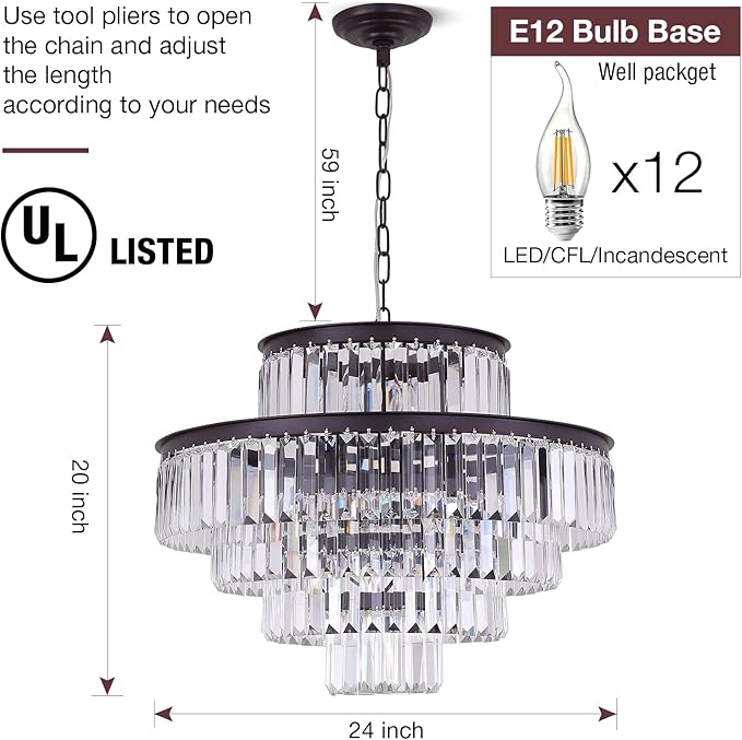 24" Oil Brown Crystal Chandelier, Modern 5-Tier Ceiling Light with Clear Crystal Prisms, Luxury Pendant Lighting for Dining Room Entryway