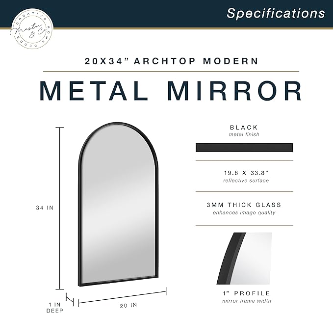 MCS Master & Co. Modern Metal Large Wall Mirror, Minimalist Home Decor Arch Mirror for Living Room, Bedroom, or Bathroom, 20 by 34 Inch, Black