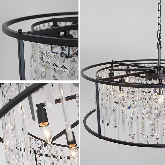 Modern Crystal Chandelier Black Round Lighting Fixture for Dining Room Bedroom Entryway Kitchen Island Living Room