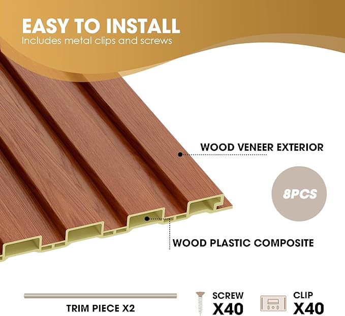 OUZUGIE WPC Acoustic Slat Wall Paneling, 8-Pack 96 x 6 Inches 3D Wall Panels for Interior Wall Decor,Living Room,TV Background,Study Room,Office Spaces,Bedroom,Low Grille (Teak)