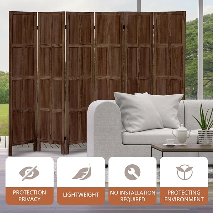 6 Panel Room Divider and Folding Privacy Screen, Classic 5.6Ft Wood Room Divider Wall, Partition Screen Divider for Room Separation for Home Office, Bedroom, Office, Dressing Room, Brown
