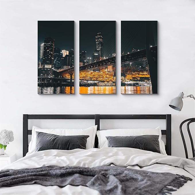 NAN Wind 3PCS Chongqing City Nightscape Canvas Wall Art Illuminated Chinese Skyline with Bridge Skyscrapers Modern Urban Landscape Photography Print for Living Room Office Bedroom Decor